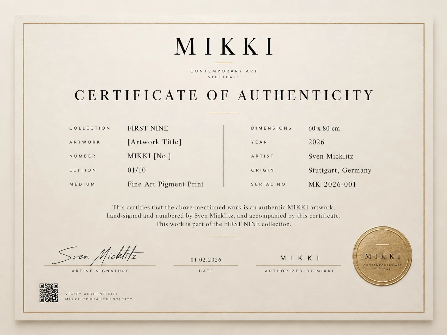MIKKI Certificate of Authenticity design